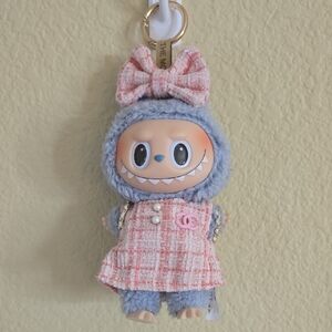 Labubu Clothes - Pink Tweed Dress With Match Bow & White Leather Backpack